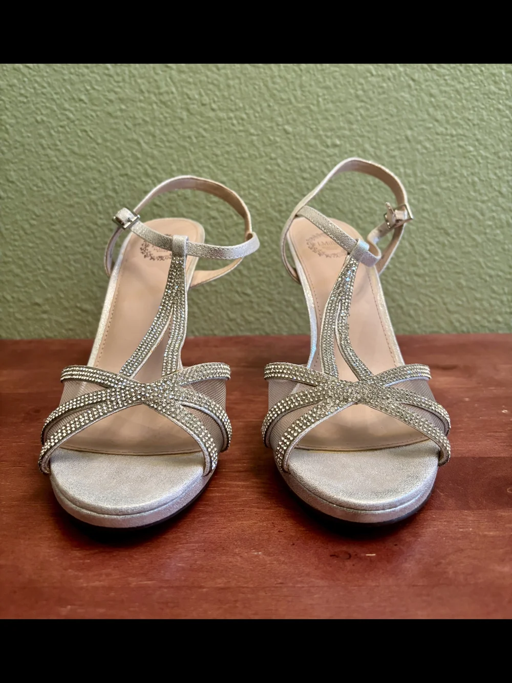 Women's Silver Rhinestone T-Strap Dress Heels